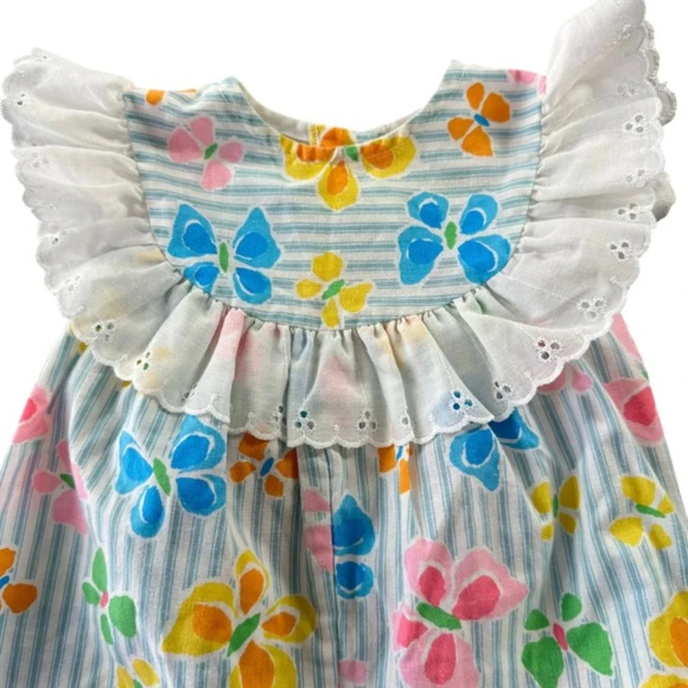 Vintage Baby Girl Ruffle Butterfly Romper Blue‎ Striped Eyelet Lace 12M Kidcore